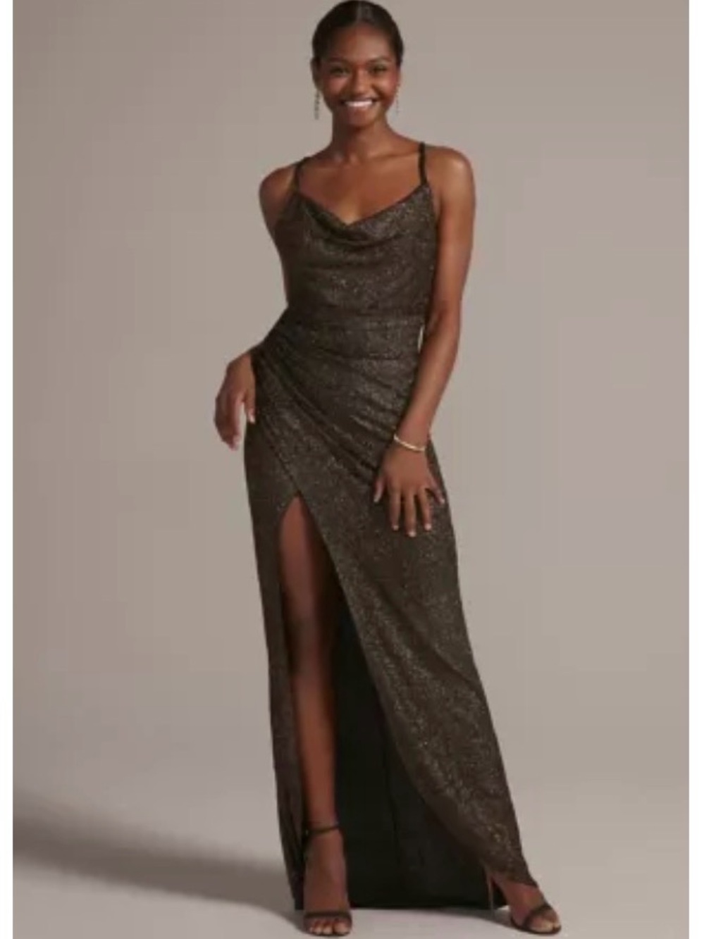 David's Bridal Black Gold Sparkle Cowl Neck Maxi Dress